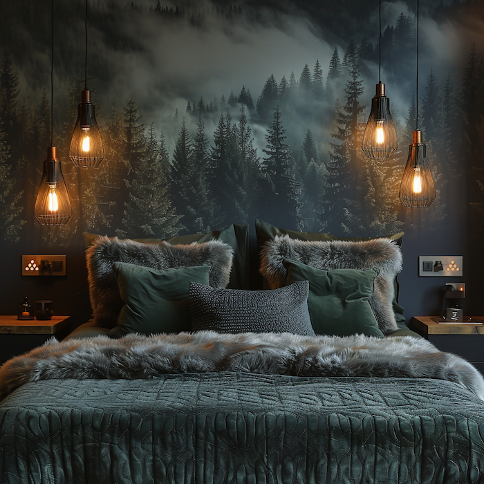 A photograph of a cosy bedroom in an eco-lodge with biophilic elements to aid sleep quality. The bedroom has plush luxury comfy bedding and wallpaper of mystical forest as the main feature for the headboard. Very low relaxing lighting.